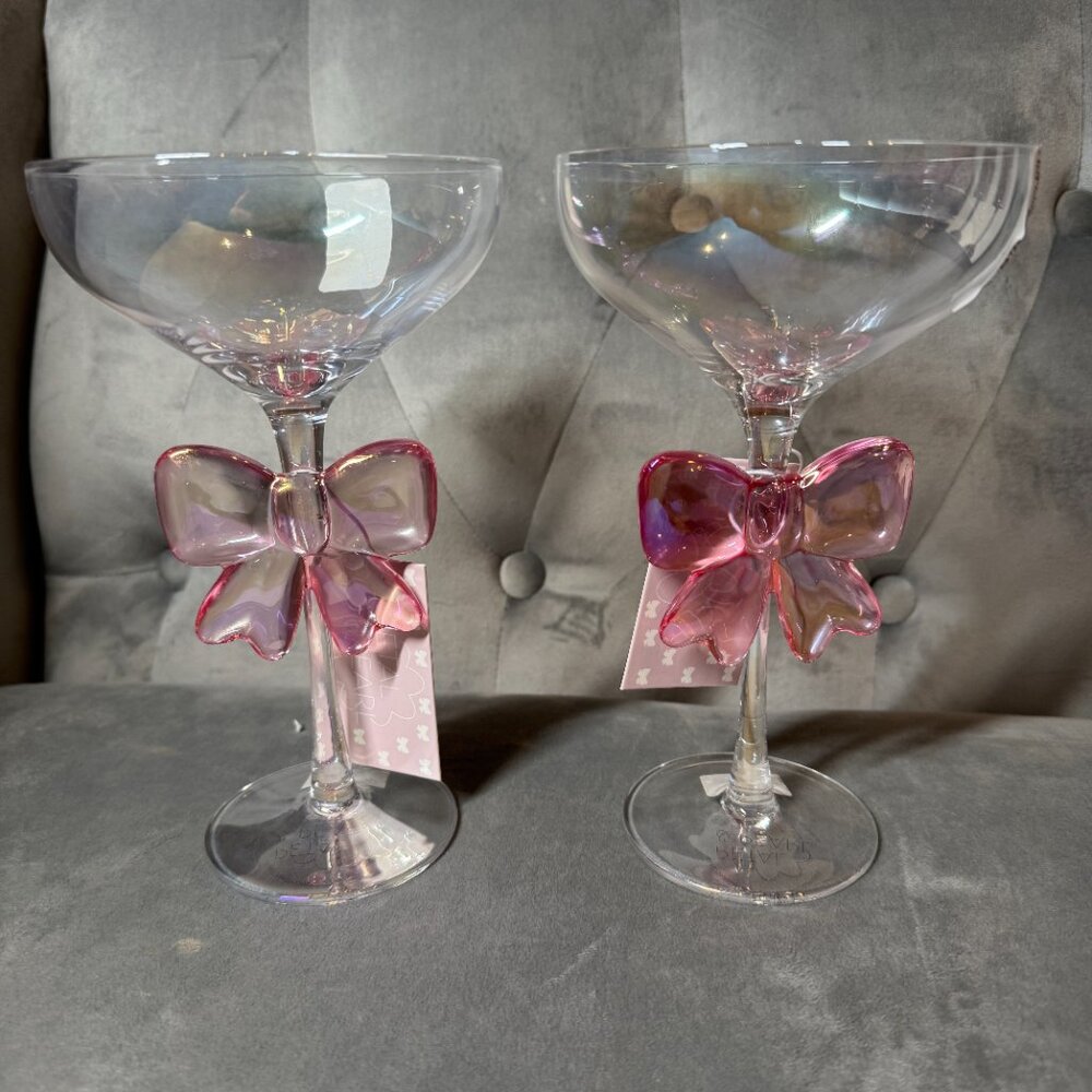Petal & Pearl Pink Bow Cocktail Glass Set of 2 NEW WITH TAG Anthropologie inspir